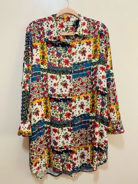 NATURAL LIFE Floral Patchwork Button Front Shirt Dress Tunic size medium